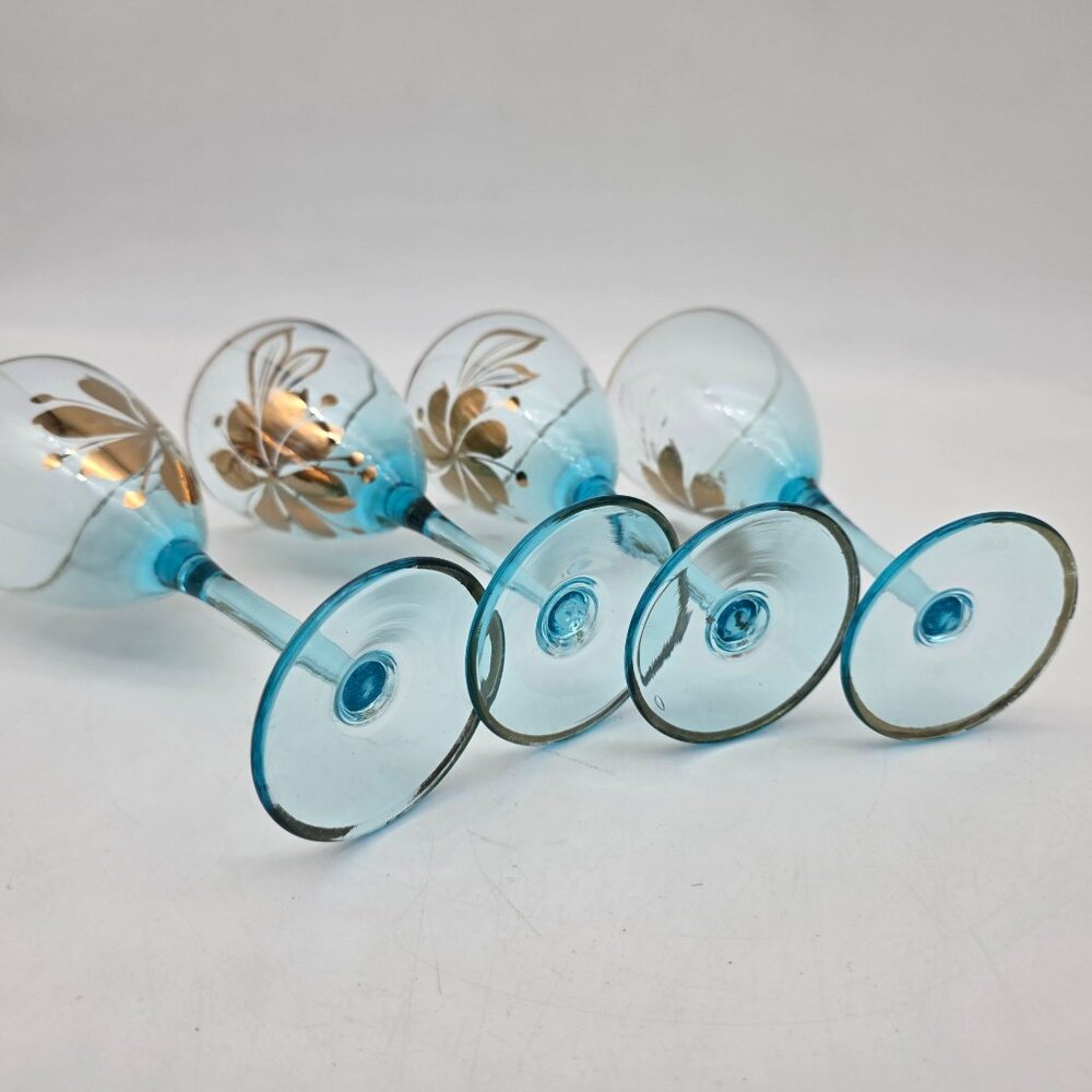 Vintage Romanian Blue Stemmed Wine Glasses With Gold Floral Design Set Of 4 - Picture 7 of 7